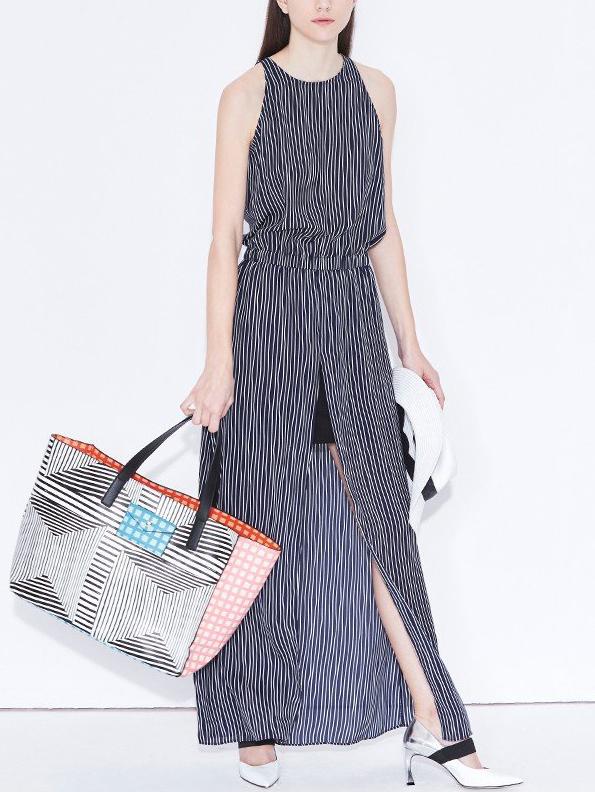 Romwe Black Vertical Striped High Slit Dress