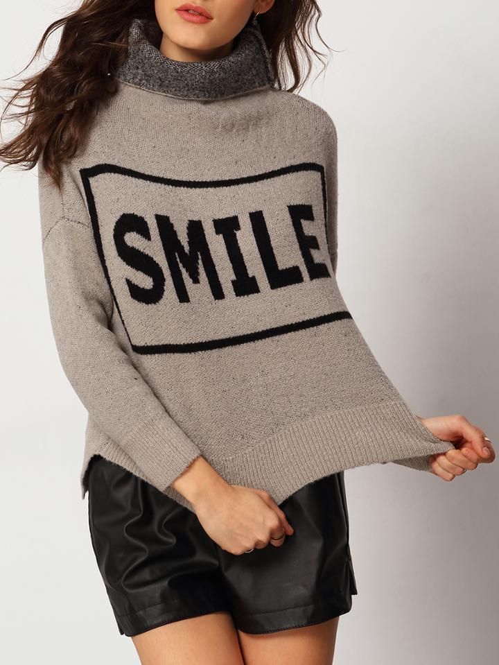 Romwe Turtleneck Dip Hem Letter Print Sweater