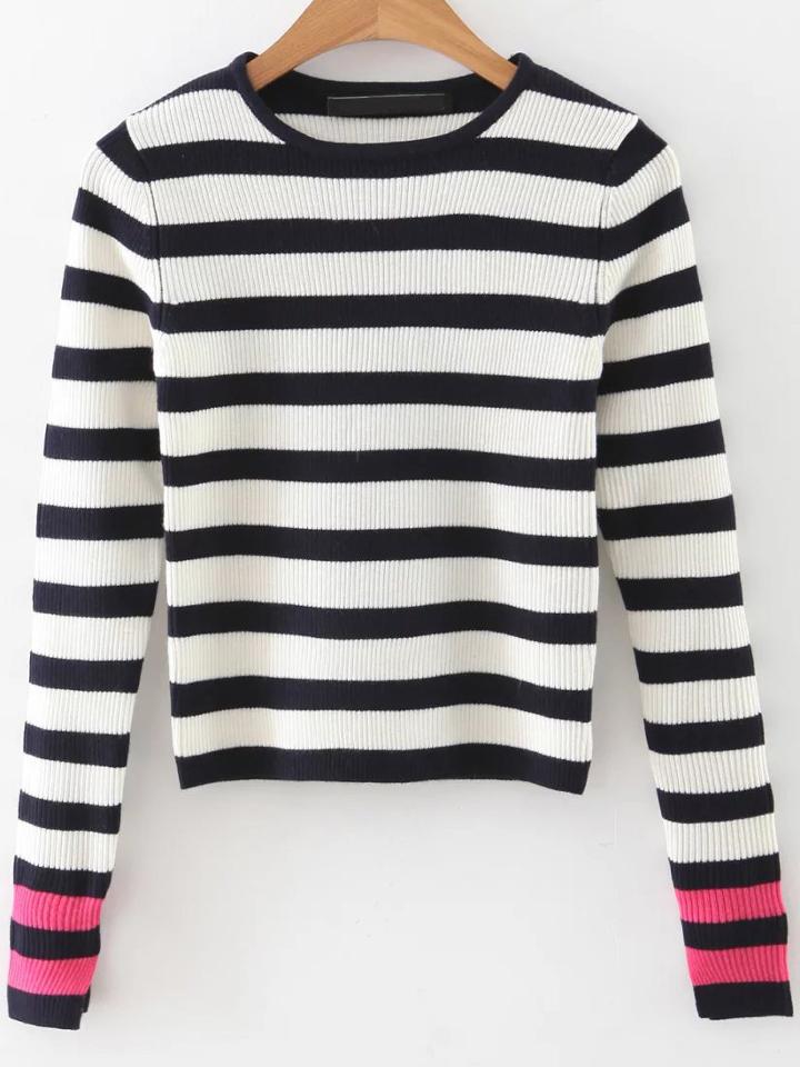 Romwe Black Striped Contrast Sleeve Crop Knitwear