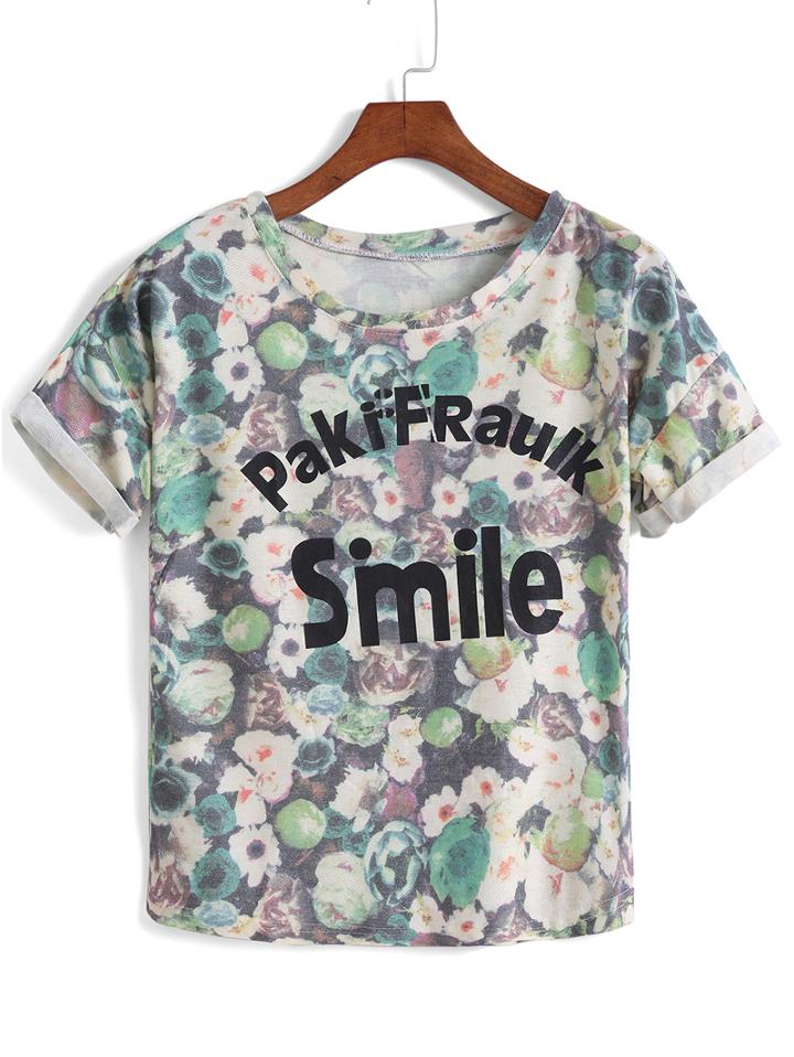 Romwe Florals Letter Print Green T-shirt
