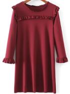 Romwe Red Ruffle Detail Long Sleeve Shift Dress