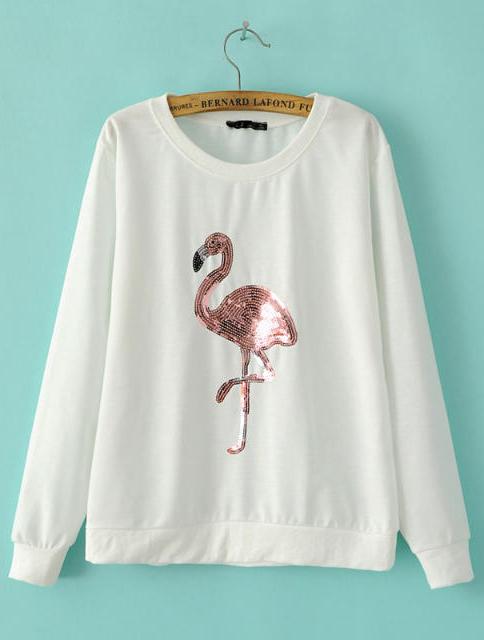 Romwe White Crane Embroidered Sequined Sweatshirt