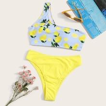 Romwe Random Lemon Print One Shoulder High Waist Bikini