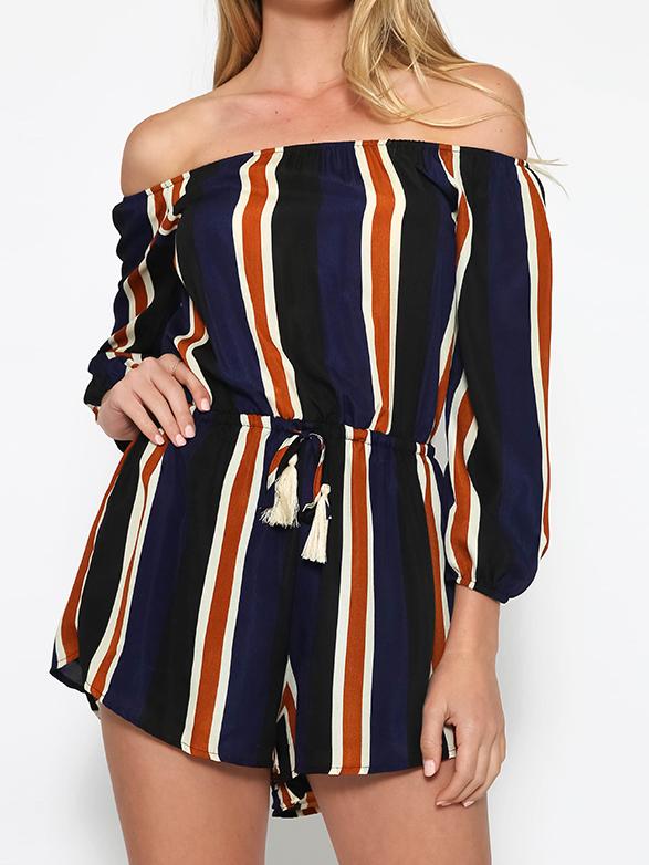 Romwe Multicolor Vertical Striped Off The Shoulder Romper
