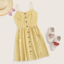 Romwe Button Front Pocket Patched Gingham Cami Dress