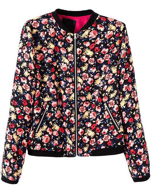 Romwe Black Long Sleeve Zipper Pockets Floral Jacket