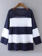 Romwe Half Sleeve Striped Navy Sweater