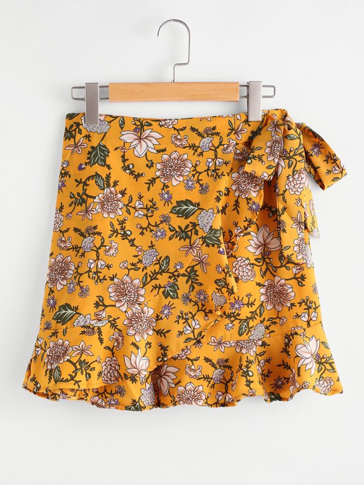 Romwe Floral Print Random Knot Side Frill Hem Skirt