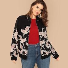 Romwe Plus Crane Bird Print Bomber Jacket