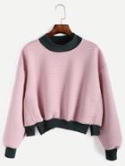 Romwe Pink Contrast Trim Mock Neck Striped Texture Sweatshirt