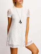 Romwe White Crew Neck Sheer Floral Lace Dress