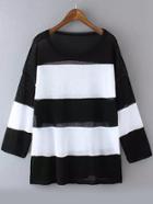 Romwe Half Sleeve Striped Black Sweater
