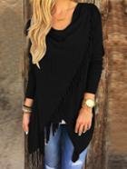 Romwe Draped Neck Tassel Black Coat
