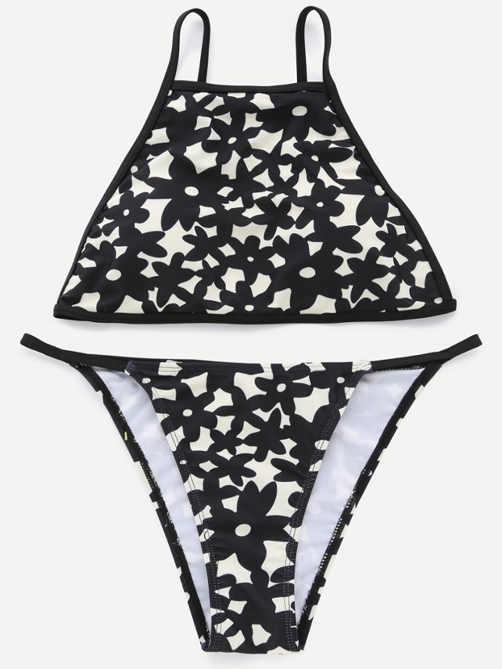 Romwe Black Flower Prinr Bikini Set