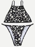 Romwe Black Flower Prinr Bikini Set