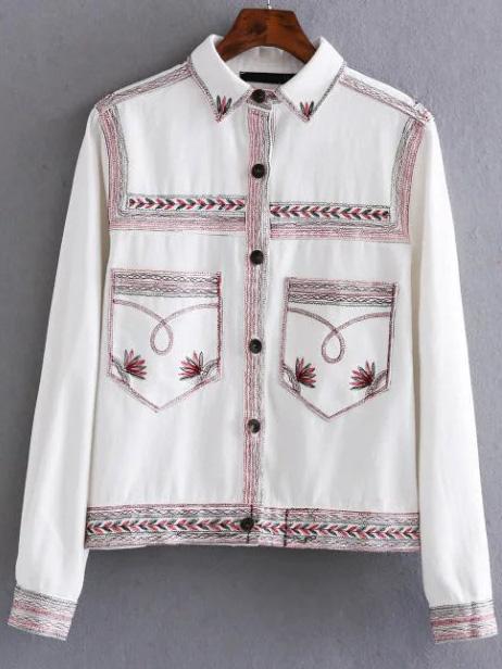 Romwe White Embroidery Button Up Jacket With Pockets