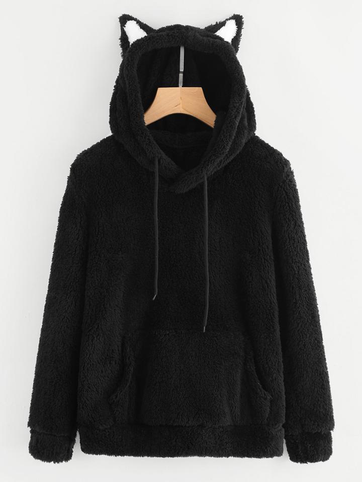 Romwe Ear Hooded Kangaroo Pocket Faux Fur Sweatshirt