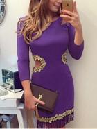 Romwe Fringe Contrast Crochet Cut Out Purple Dress