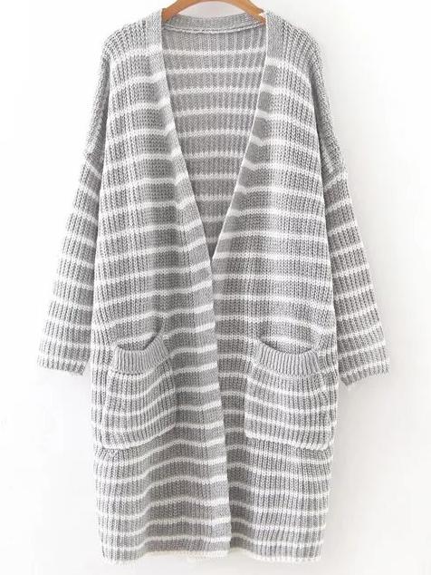 Romwe Grey Striped Drop Shoulder Pocket Long Cardigan