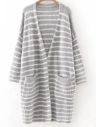 Romwe Grey Striped Drop Shoulder Pocket Long Cardigan