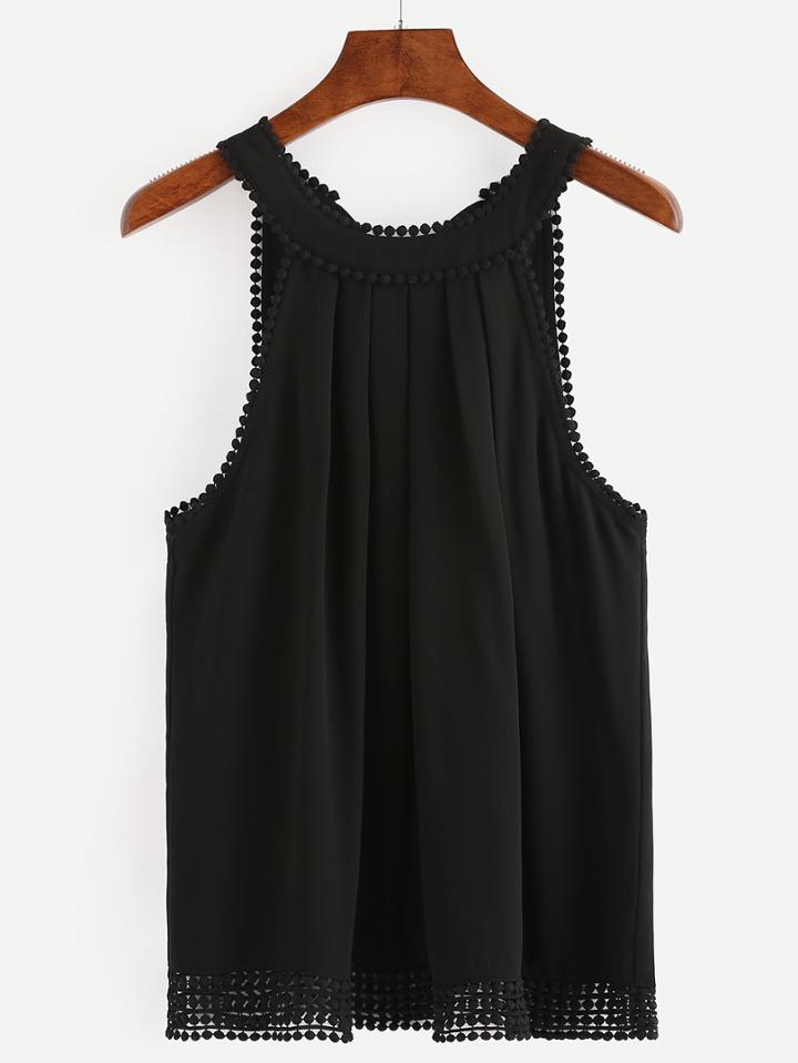Romwe Tie-back Lace Trimmed Pleated Top - Black