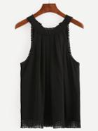 Romwe Tie-back Lace Trimmed Pleated Top - Black
