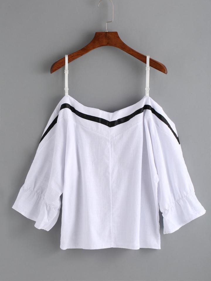 Romwe White Cold Shoulder Ruffle Sleeve Top