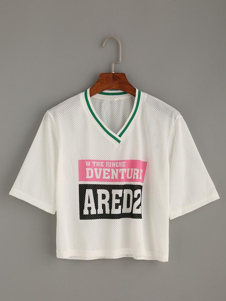 Romwe White Striped Neck Letter Print Mesh T-shirt