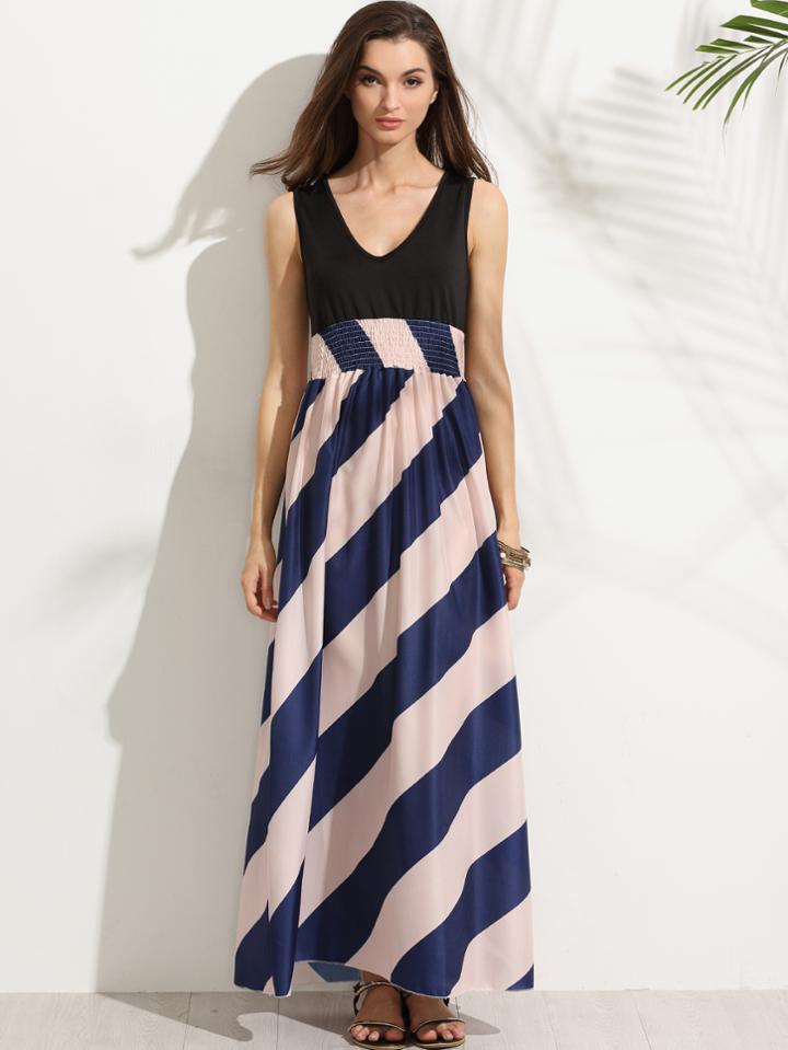 Romwe V Neck Elastic Waist Diagonal Striped Tank Dress