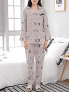 Romwe Cartoon Print Flounce Sleeve Shirt & Pants Pj Set