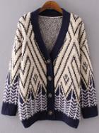 Romwe Khaki Geometric Pattern Button Up Sweater Coat