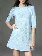 Romwe Blue Vintage Embroidered Pockets Shift Dress