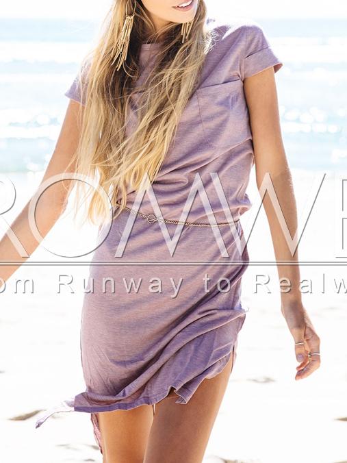 Romwe Purple Cap Sleeve Pockets Side Slit Dress