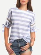Romwe Striped Contrast Lace Knotted T-shirt