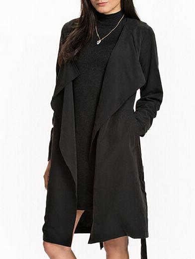 Romwe Belt Drape Front Pockets Black Coat