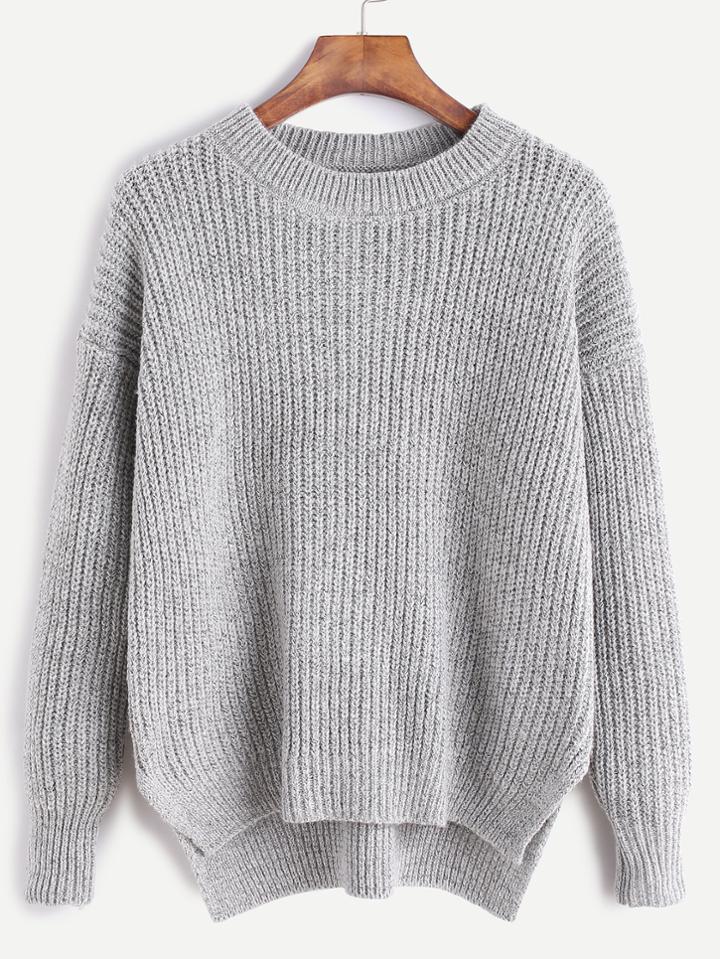 Romwe Heather Grey Drop Shoulder High Low Slit Side Sweater