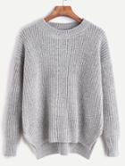 Romwe Heather Grey Drop Shoulder High Low Slit Side Sweater