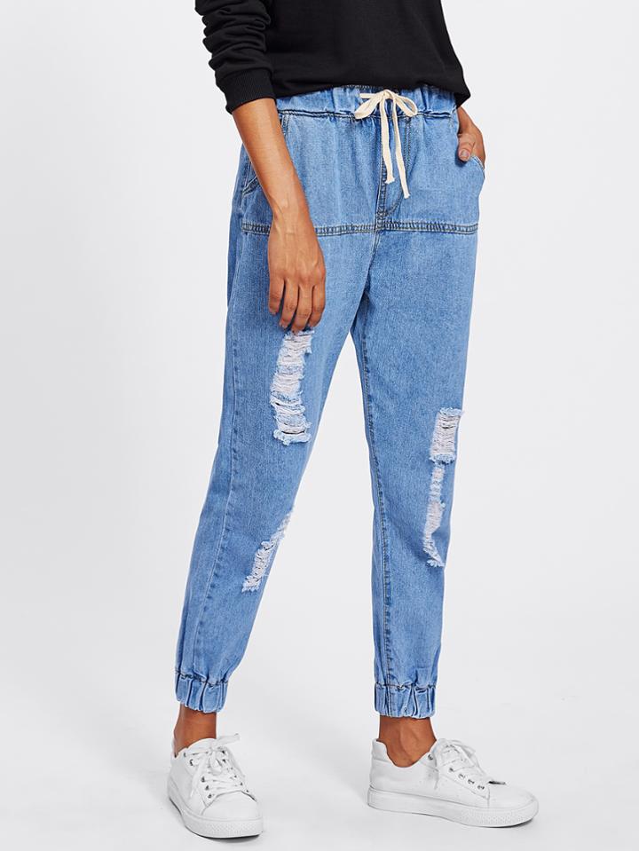 Romwe Elastic Hem Ripped Jeans
