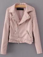 Romwe Pink Quilted Shoulder Pu Zipper Jacket With Belt