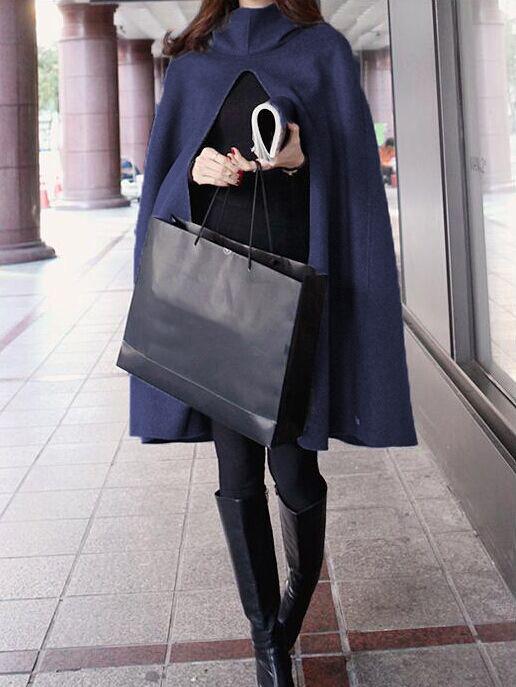 Romwe Hooded Long Navy Cape Coat
