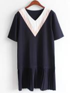 Romwe Color Panel V-neck Pleated Chiffon Trimmed Dress - Navy