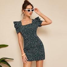 Romwe Ruffle Sleeve Square Neck Polka Dot Dress