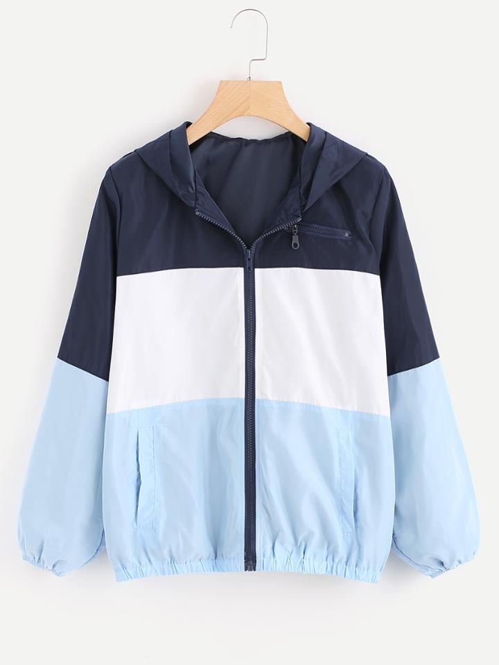 Romwe Cut And Sew Color Block Hooded Jacket