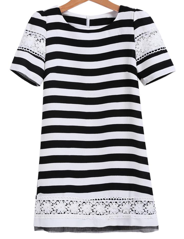 Romwe Lace Embroidered Striped Straight Dress