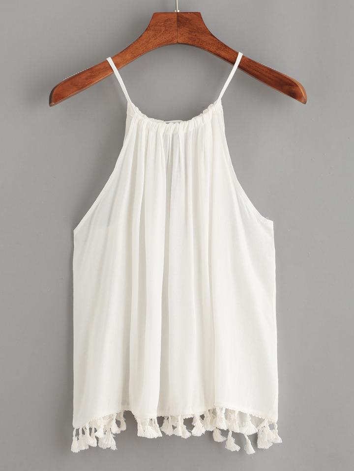 Romwe White Spaghetti Strap Fringe Cami Top