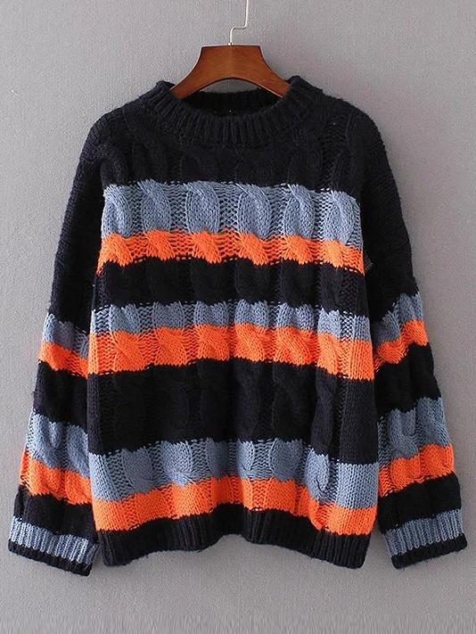 Romwe Navy Color Block Cable Knit Sweater