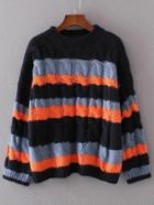 Romwe Navy Color Block Cable Knit Sweater