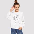 Romwe Drawstring Sketch Print Pullover