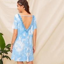 Romwe Tassel Trim Tie Dye T-shirt Dress