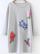 Romwe Grey Flower Embroidery Round Neck Dress